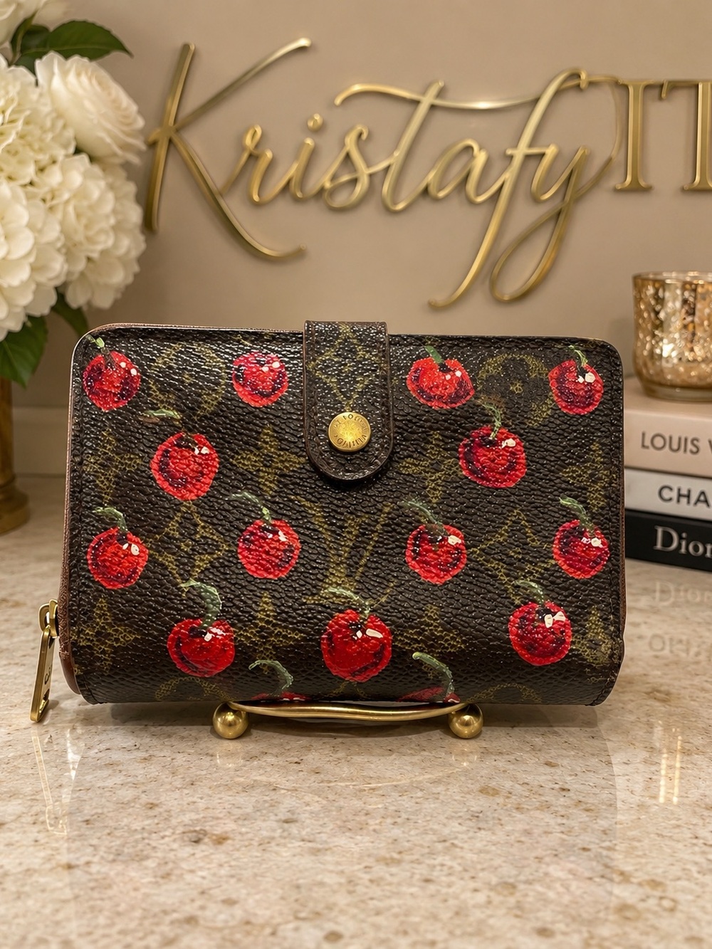 Louis Vuitton Vintage Kiss Lock Wallet Hand Painted Cherry Art